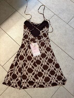 Trina Turk Brown & Cream Chain-Print Spaghetti Strap Dress
